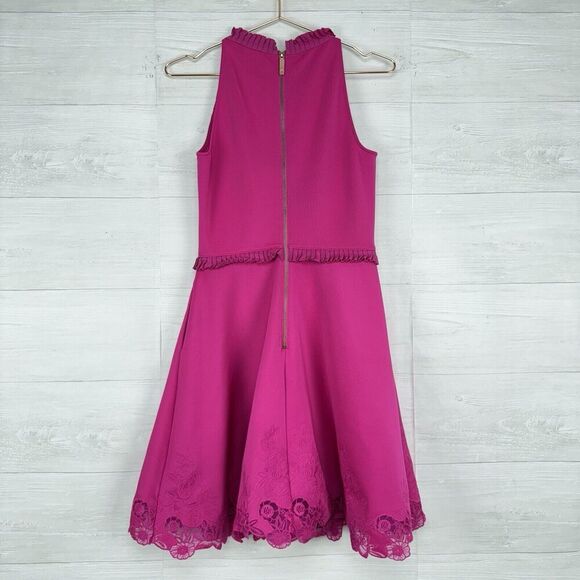 Ted Baker Zaffron Embroidered Skater Dress US Sz 6 Fuchsia Pink Ruffle Fit Flare - Picture 7 of 16